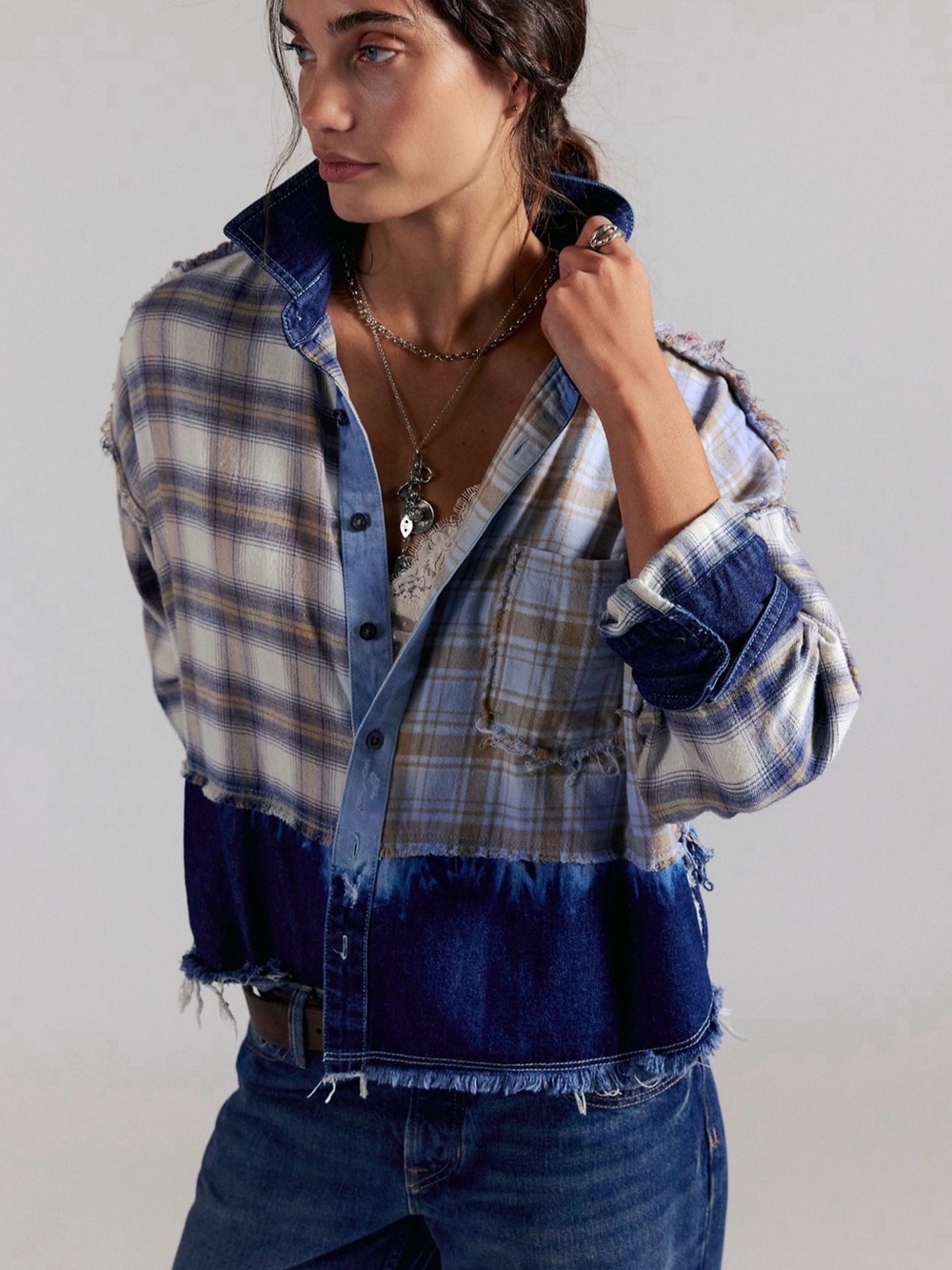 Free People The Tales Mixed Denim Flannel Button Down Plaid Frayed Blue - Picture 3 of 6